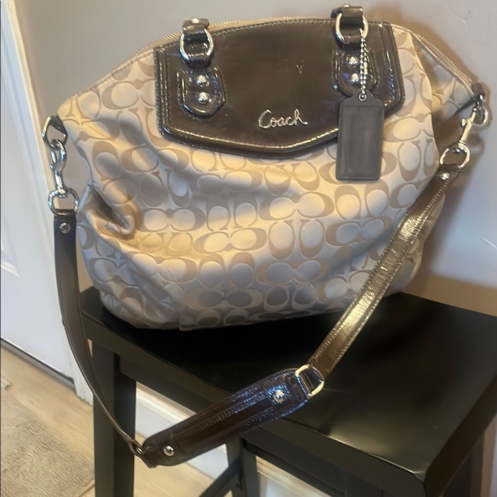 Coach Cream and Brown Shoulder Bag with Signature Monogram